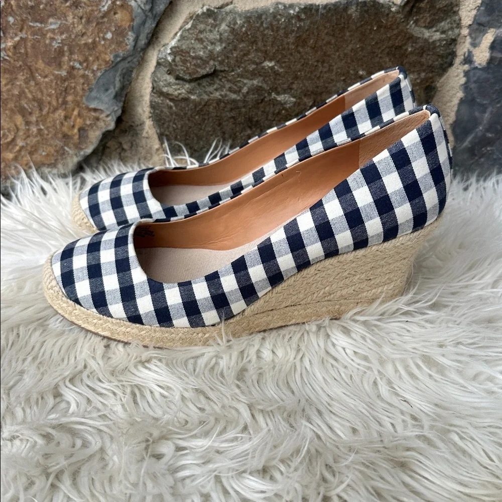 J. Crew Factory Gingham Print Espadrille Wedges in Navy Blue/Ivory Size 10